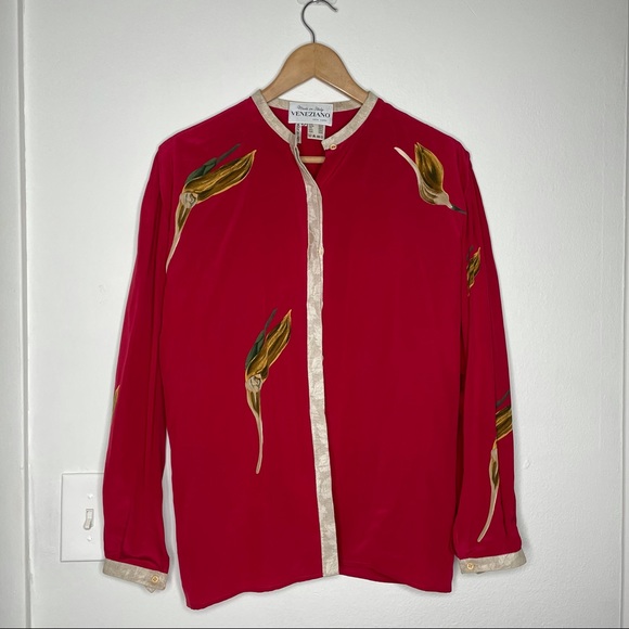 Veneziano Vintage Button Down Blazer Jacket Long Sleeves Red Blouse Silk Size 42 - Picture 2 of 10
